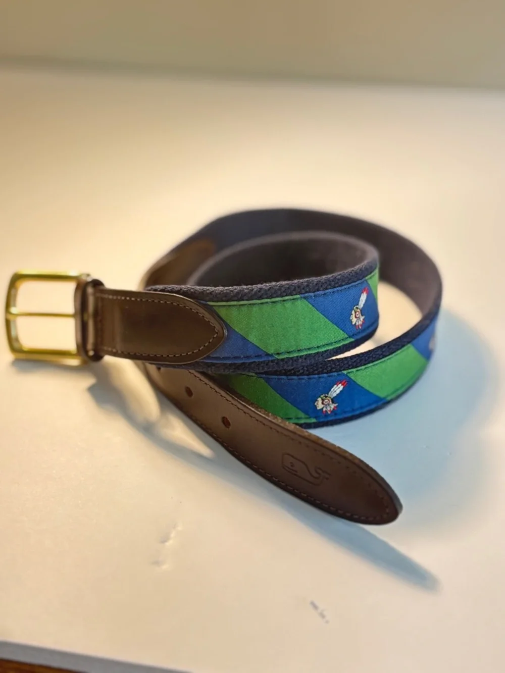 Vineyard Vines Blue Green Canvas Leather Belt Size 34 Whale Embroidered Preppy